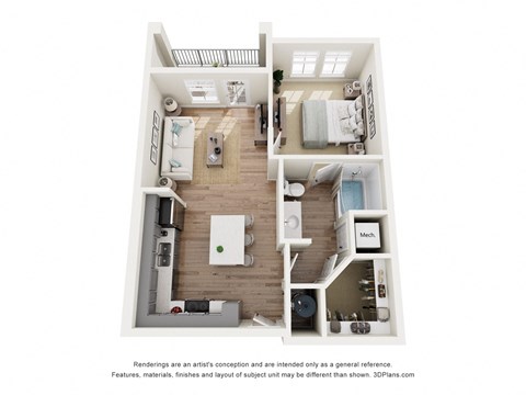 Floor plan for 1 bed, 1 bath, 696 sqft